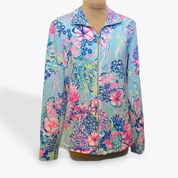 Lilly Pulitzer XS Blue Coral Print Full Zip Jacket Athleisure UPF 50 - Picture 2 of 11